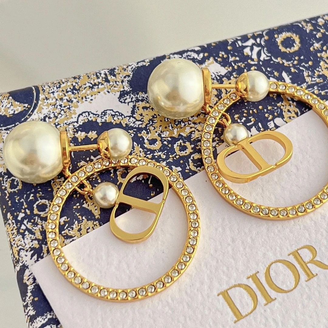 未使用 DIOR/迪奥 汤/TP031416/大小珍珠仿水晶 耳环 金色