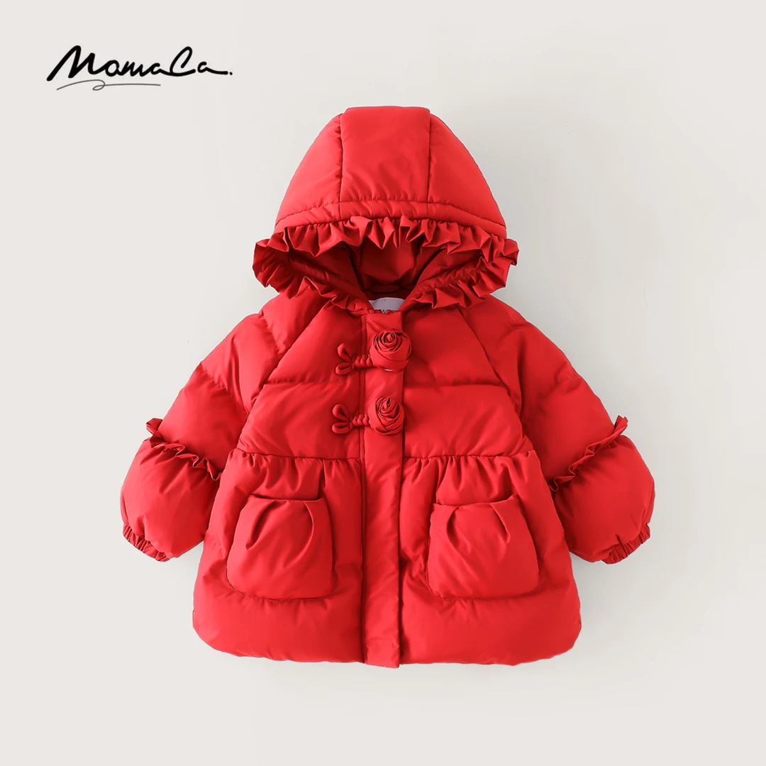 MOMOCO冬季女童90白鸭绒羽绒服立体花边中长连帽外套75820102006