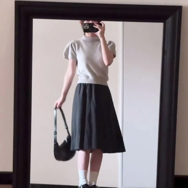 泡泡短袖半高领针织衫女早秋新款简约休闲复古短款毛衣半身裙套装