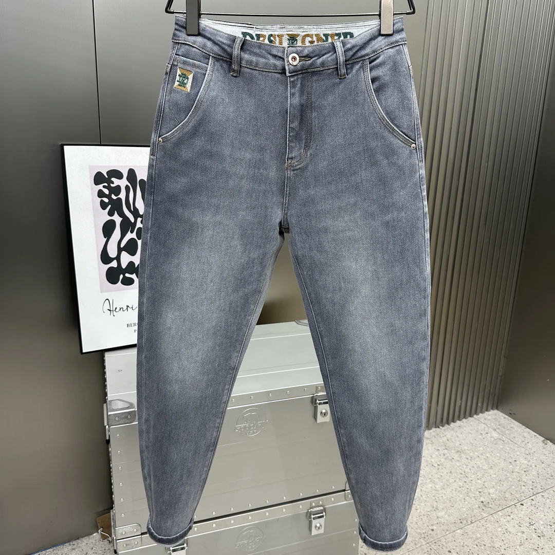 春秋男高端九分修身灰蓝色水洗牛仔裤流宽松男士男款弹力牛仔男裤