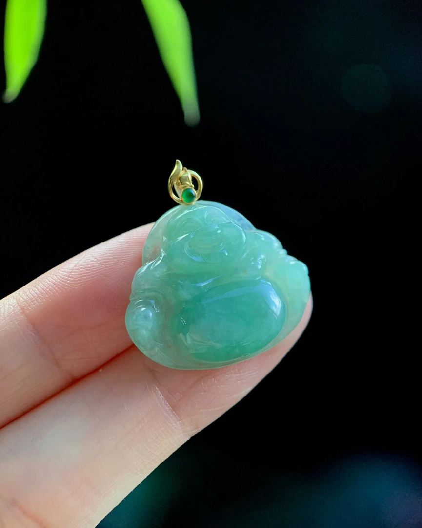 【一道光珠宝】18k金扣头冰晴绿佛公翡翠吊坠/多样性配绳发其一