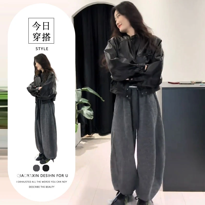 超火秋冬季穿搭一整套女2025新款韩版复古皮外套休闲裤两件套装女
