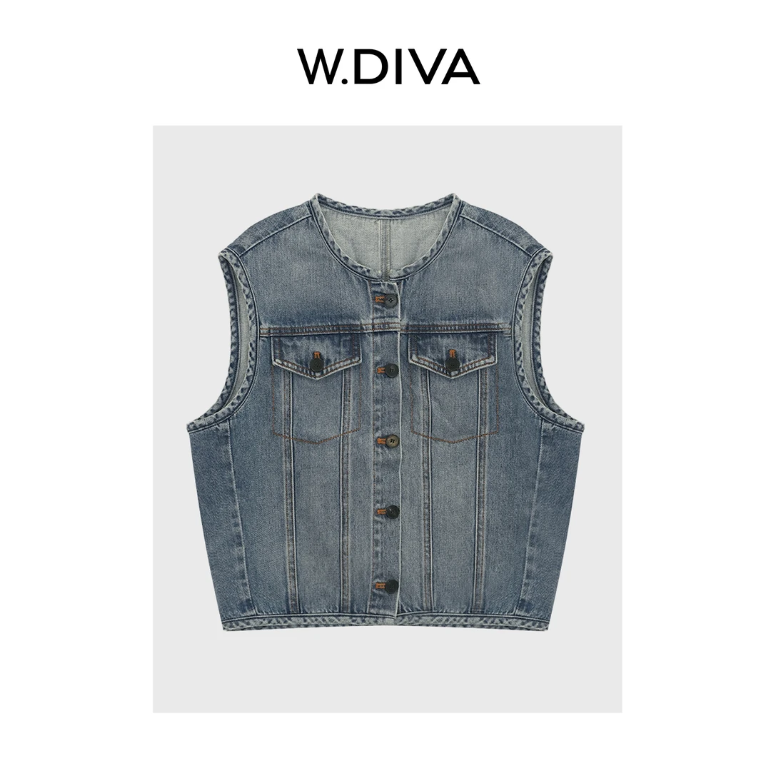 W.Diva【旧时影】复古洋气经典显瘦百搭圆领休闲牛仔马甲51C171791