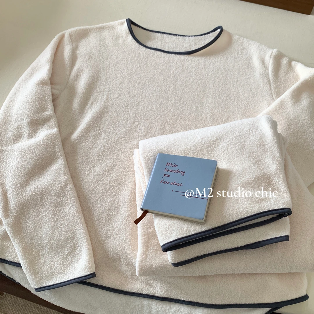 M2 自制雪粒绒极简风明线包边套头圆领加绒柔软保暖睡衣家居服