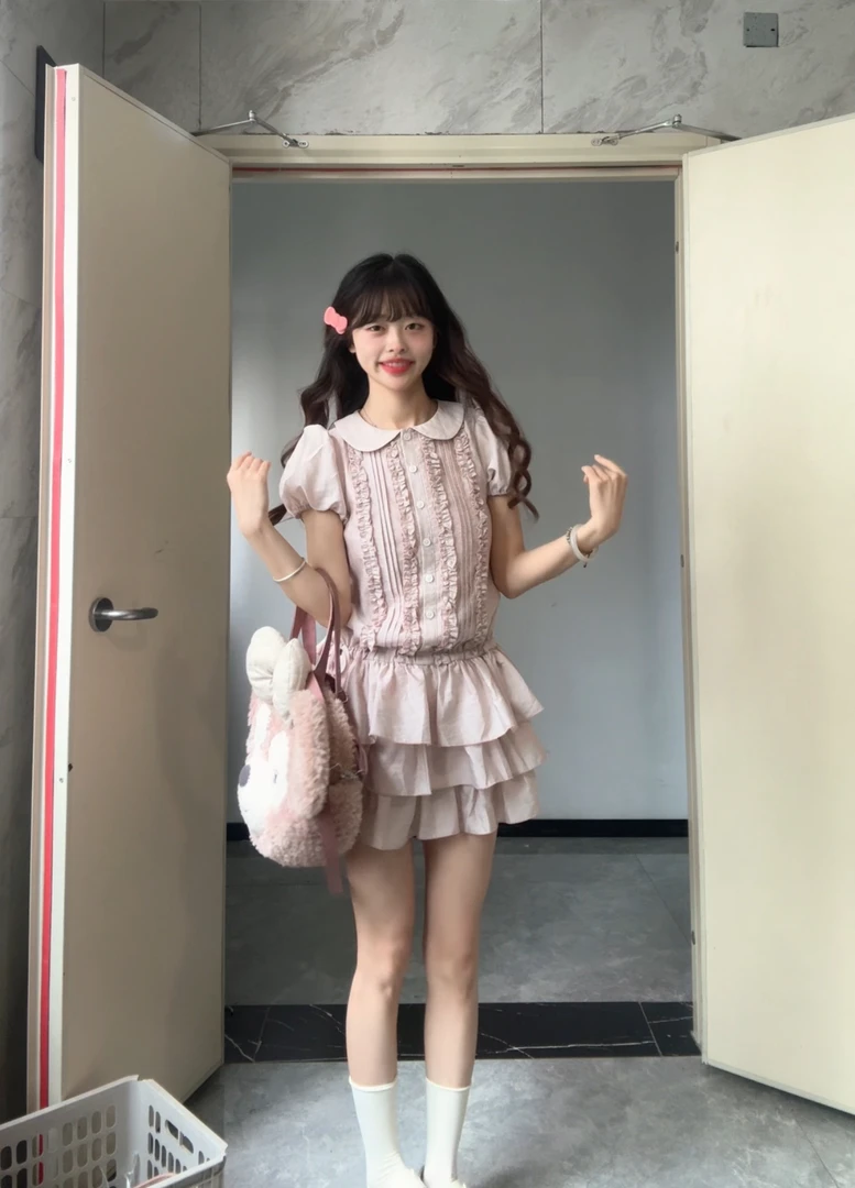 甜圈圈【薇薇安】娃娃领泡泡袖可爱甜美连衣裙拼接蛋糕裙
