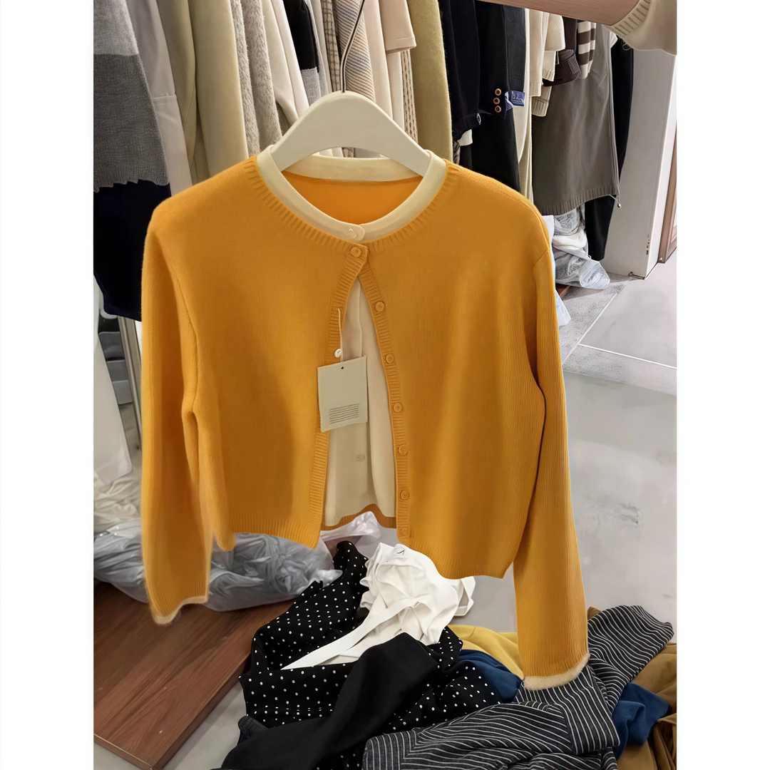 早春新款假两件撞色针织开衫女独特设计感长袖显瘦百搭单穿上衣