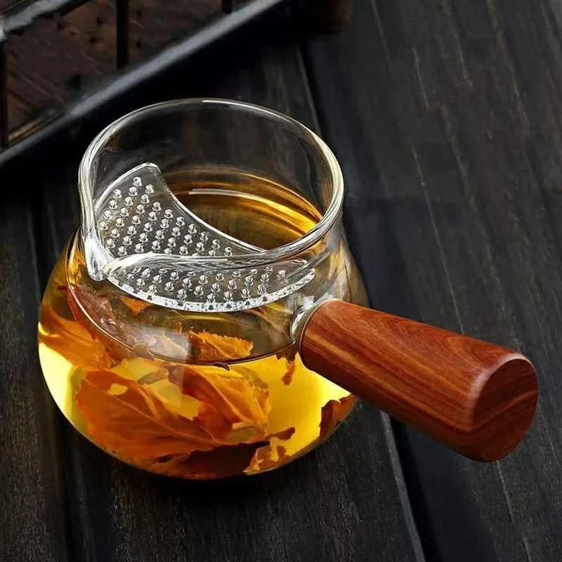 高档木把公道杯耐热茶海玻璃月牙过滤一体分茶器家用功夫茶具