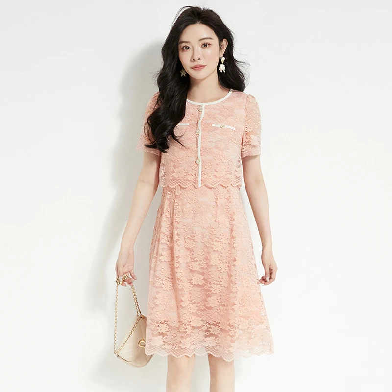 F050甜美提花中裙短袖圆领裙子连衣裙女2025夏52LH0A0008