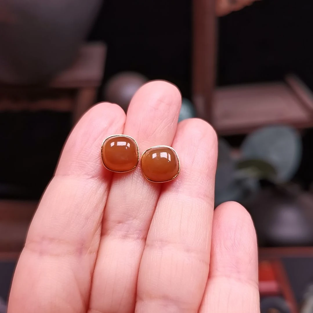 和田玉（糖玉）银S925镶嵌耳饰