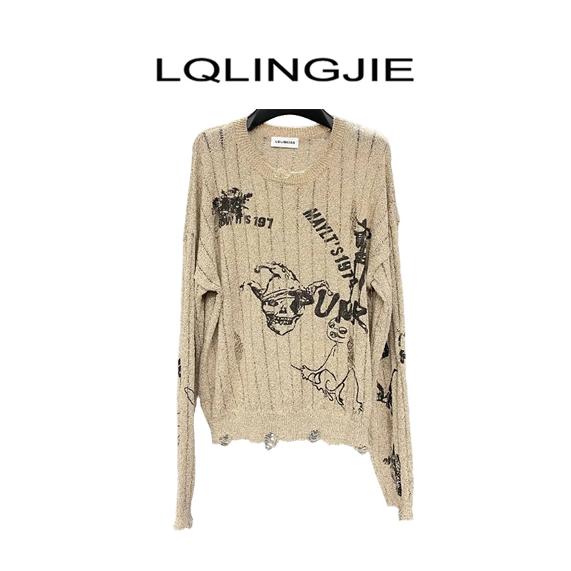 LQLINGJIE设计师款字母骷髅印花做旧毛衣针织衫06031