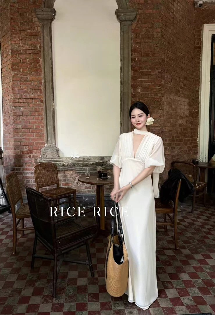 福秒-RICE（ZZRI6103#）白天鹅！独特掐腰飘带深V连衣裙 5-14