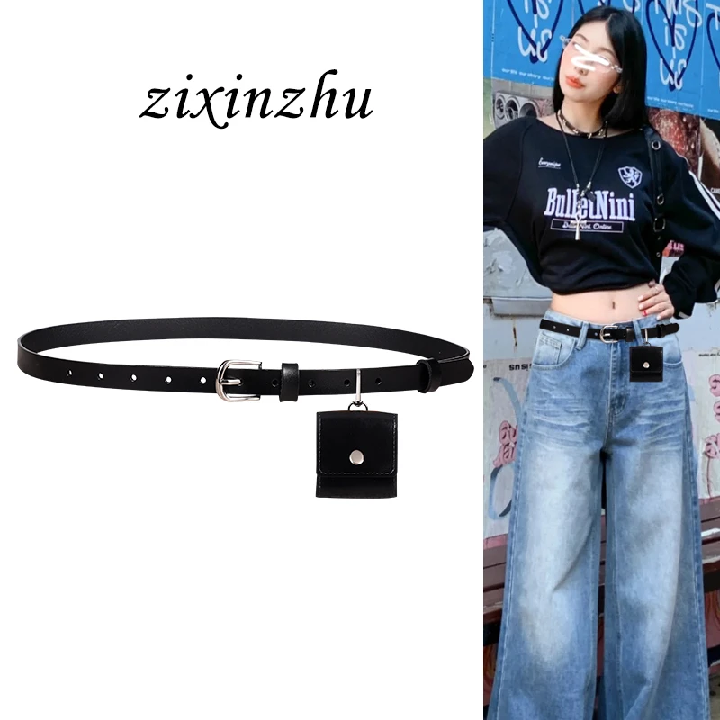 真皮腰带女迷你腰包配牛仔裤y2k复古皮带耳机包装饰裙子韩系配饰