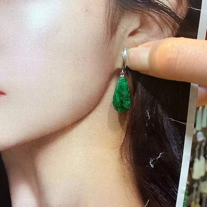 蛇纹石玉银S925镶嵌耳钉