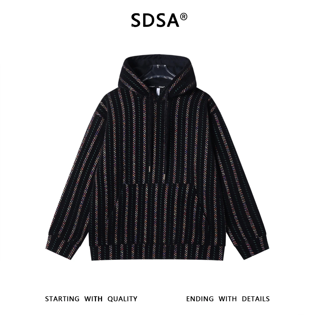 SDSA男士秋冬新款痞帅男装时尚彩色竖纹抽绳连帽卫衣百搭设计师