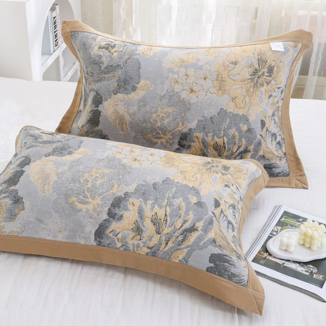 XDONGY（冬云家纺）高定姆米溢彩珍 珠 蓝汐花影灰 枕巾一对装