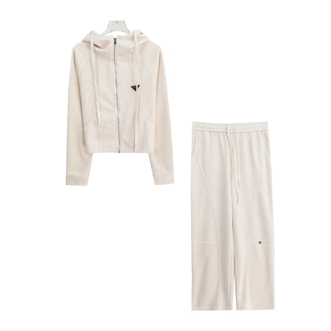 高级感拉链连帽卫衣外套松紧腰阔腿裤休闲两件套X27423