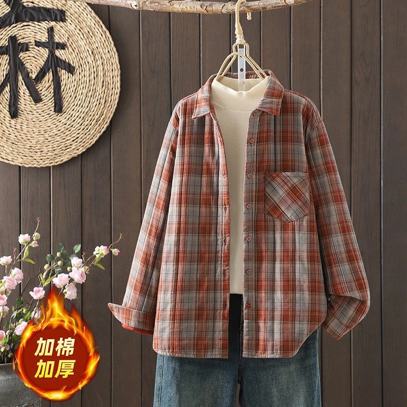 冬季夹棉加厚格子冬季衬衫新款宽松显瘦复古休闲上衣文艺双层衬衣