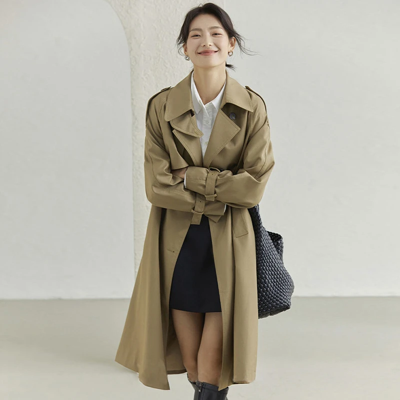 风衣外套女款春秋新款小个子英伦中长款高级感卡其色垂感大衣F214