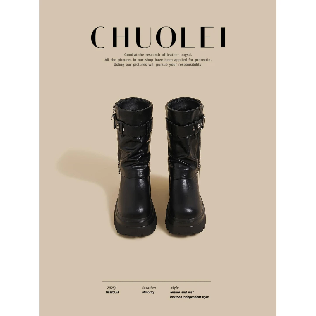 【DR官方正品】洋气靴子！2025秋冬季新款厚底粗跟短靴女黑色加绒马