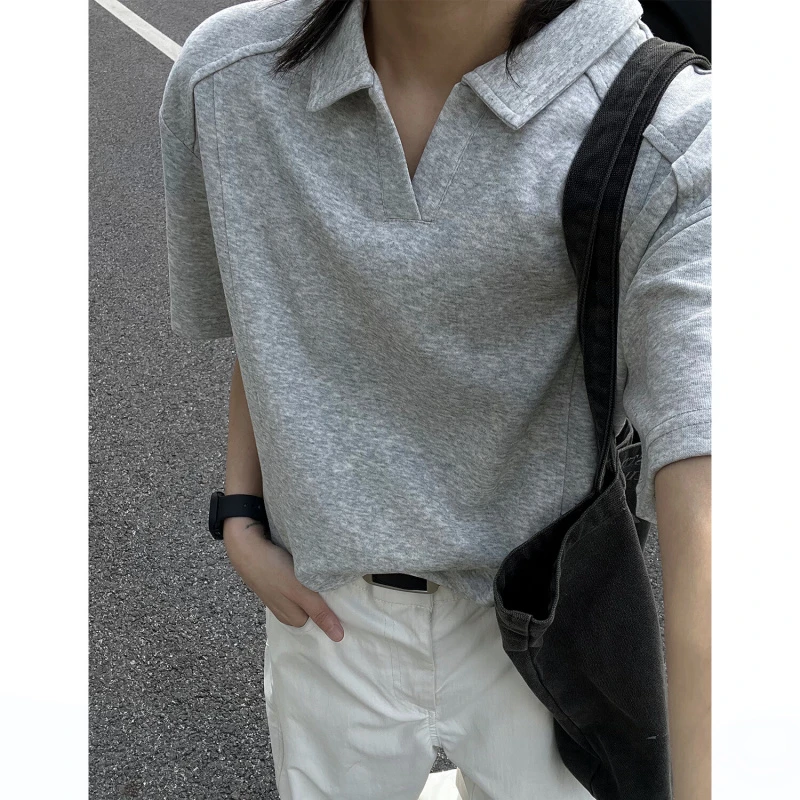 白色美式拼接短袖polo衫男款设计感感正肩t恤cleanfit翻领半截袖