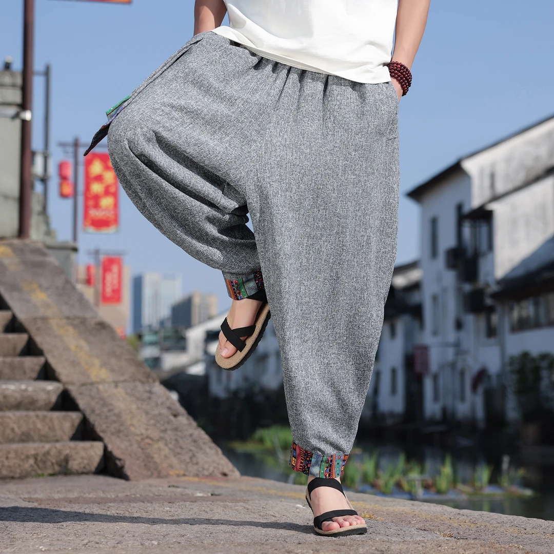 夏季新款冰丝裤子男中国风藏式印花雪花裤大码宽松垂感休闲哈伦裤