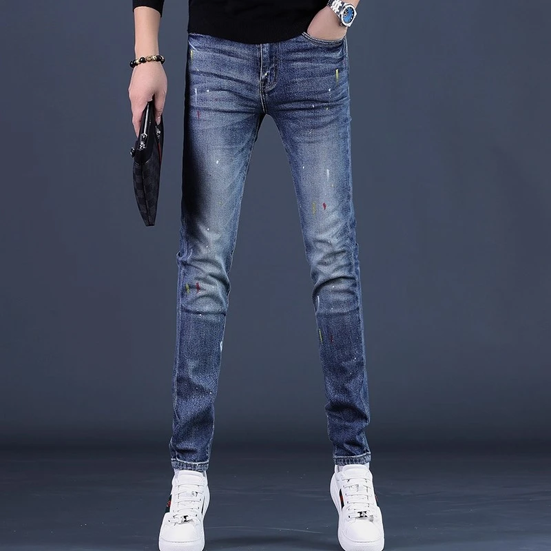 Cebrodz秋季新款高端蓝色牛仔裤男印花潮牌修身小脚弹力男士长裤