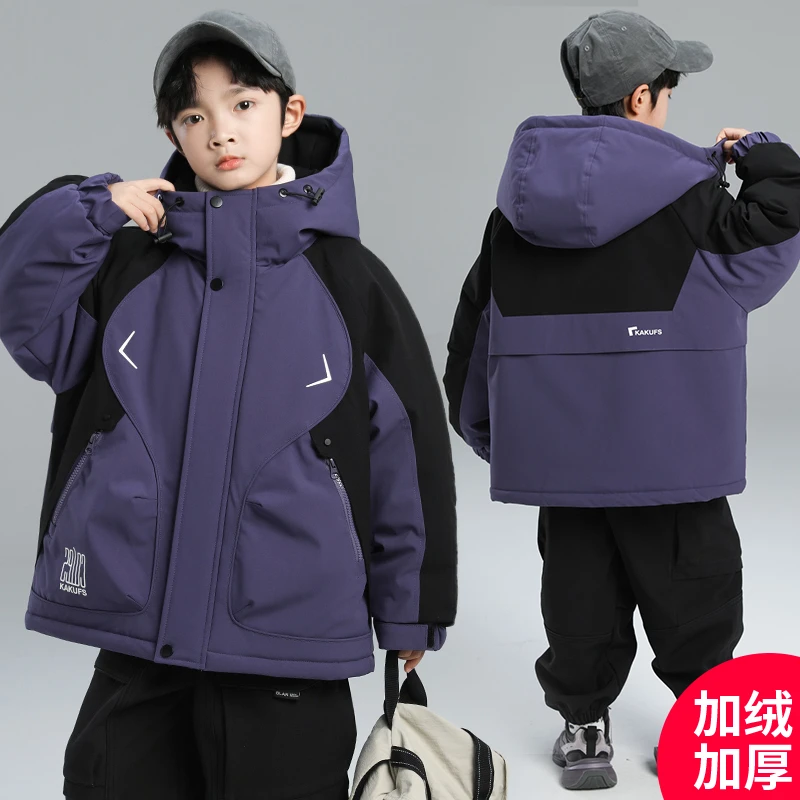 男童秋冬新款加绒外套儿童冬季加厚连帽派克服中大童户外保暖棉服