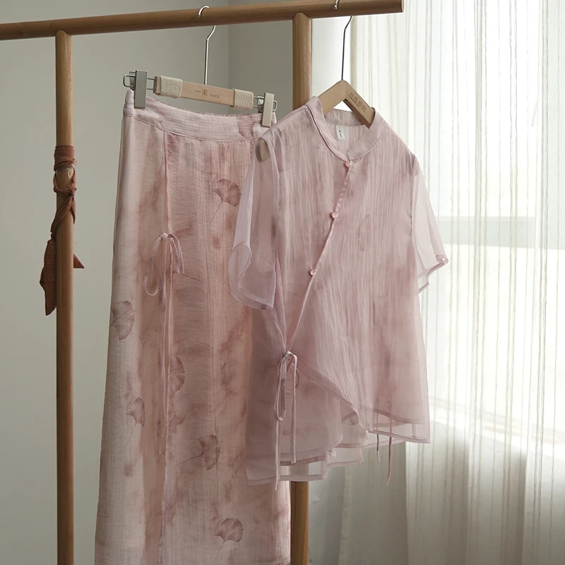 4587《涴涴》原创2025夏季新款新中式两件套立领温柔小衫套装