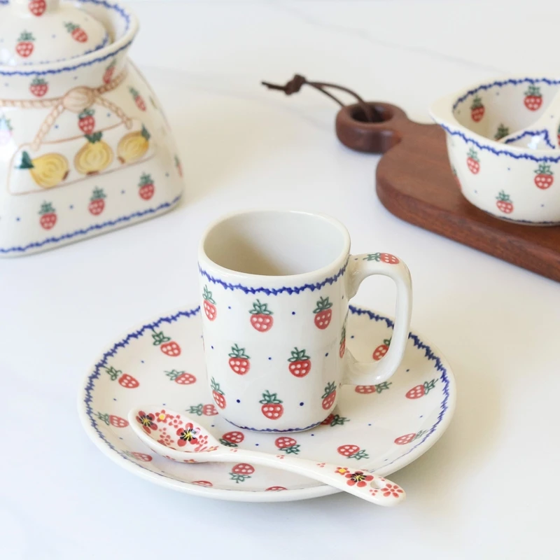 莫杂波兰进口手绘陶瓷小草莓家用早餐盘米饭碗汤面碗孕妇可用