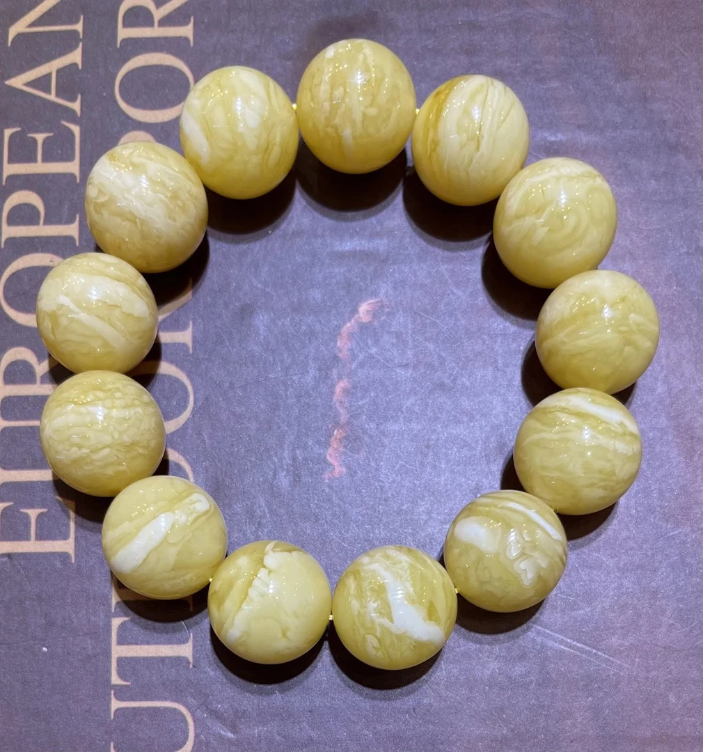 琥珀妖白花蜜蜡虎皮纹圆珠手串，40g，17m+，天然原矿保真