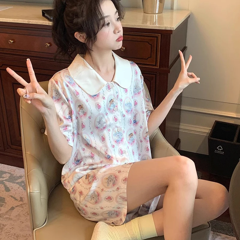 【YUJIA】娃娃领甜美兔子短袖短裤家居服冰丝睡衣套装