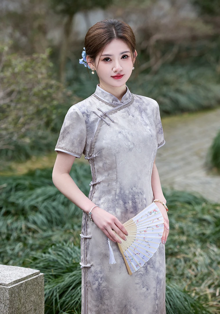 苏州高端【素绫】花色长旗袍中式斜襟长裙立领日常旗袍少女中长款