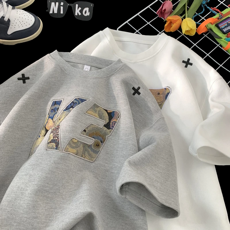 夏季港风学生百搭潮流刺绣圆领短袖t恤上衣情侣宽松ins休闲体恤潮