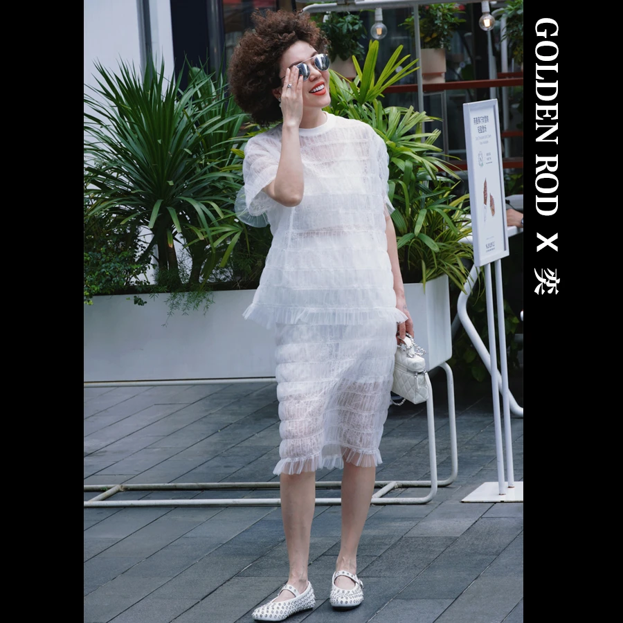 【GOLDEN ROD X 奕】原创设计师品牌2025夏季新款 蕾丝网纱亮片套裙