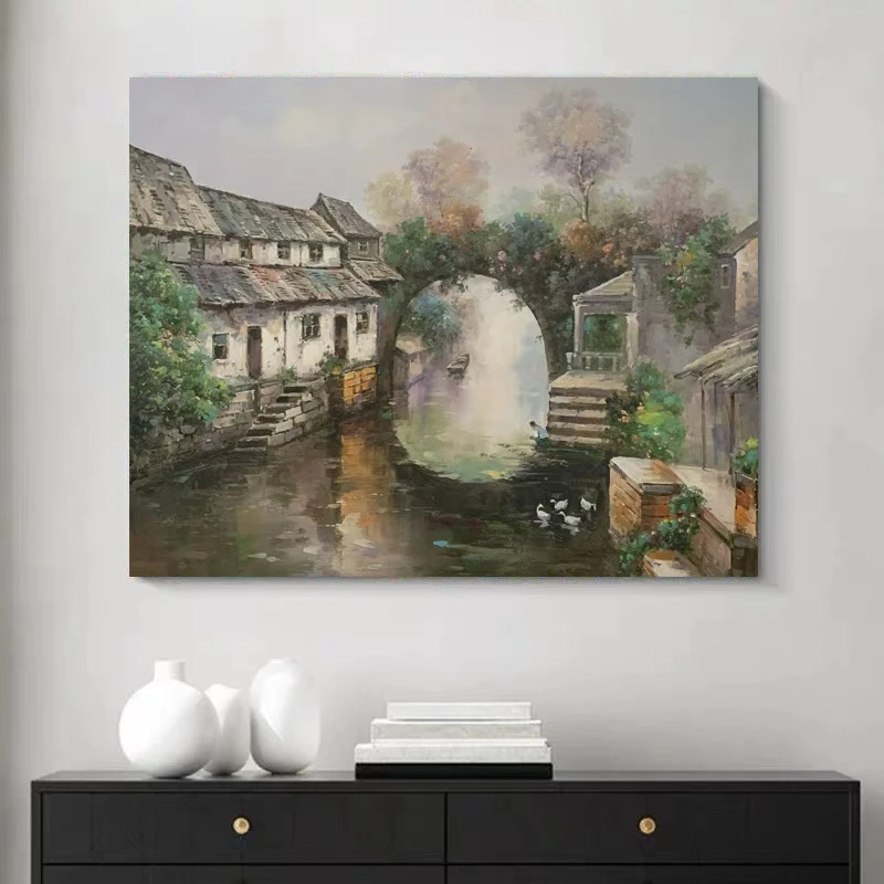 《溪桥人家》50*60含内框，刘春建手绘油画装饰画，客厅背景墙挂画