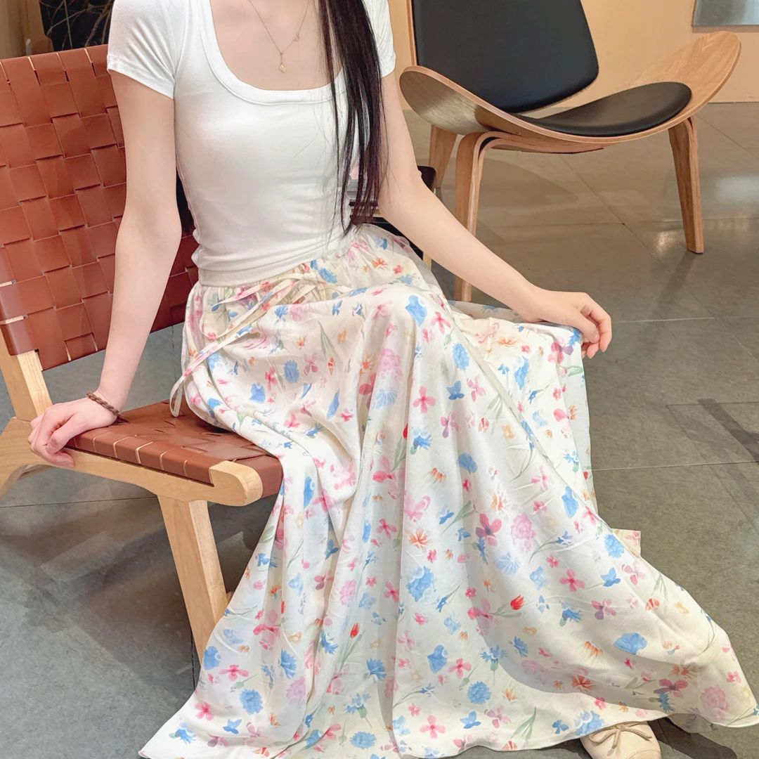 大伞裙半身裙长款女夏季松紧高腰气质显瘦透气绵绸碎花仙女裙