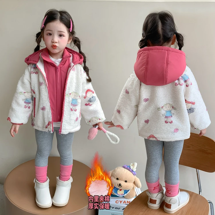 女童冬季夹棉加厚外套儿童2025新款洋气假两件连帽毛毛衣女宝衣服