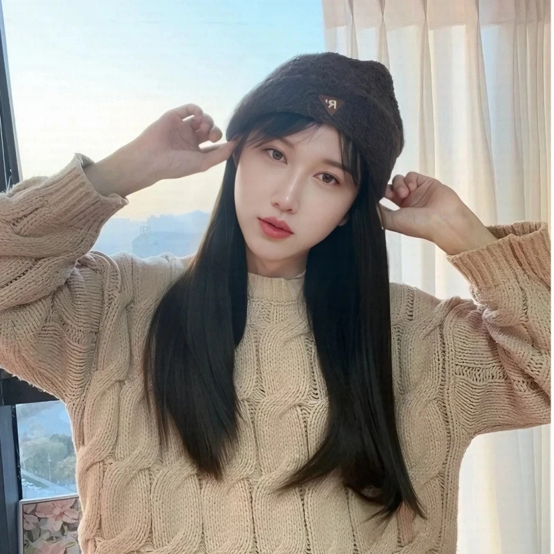 【富贵小玄】假发帽子一体女秋冬款针织帽仿真人发直发帽子发