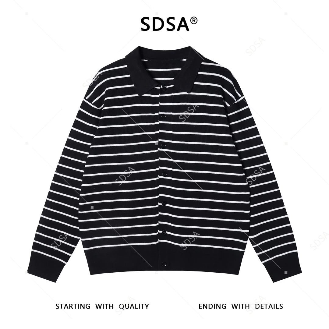 SDSA男士秋冬新款痞帅男装时尚简约撞色条纹翻领纽扣开衫针织毛衣
