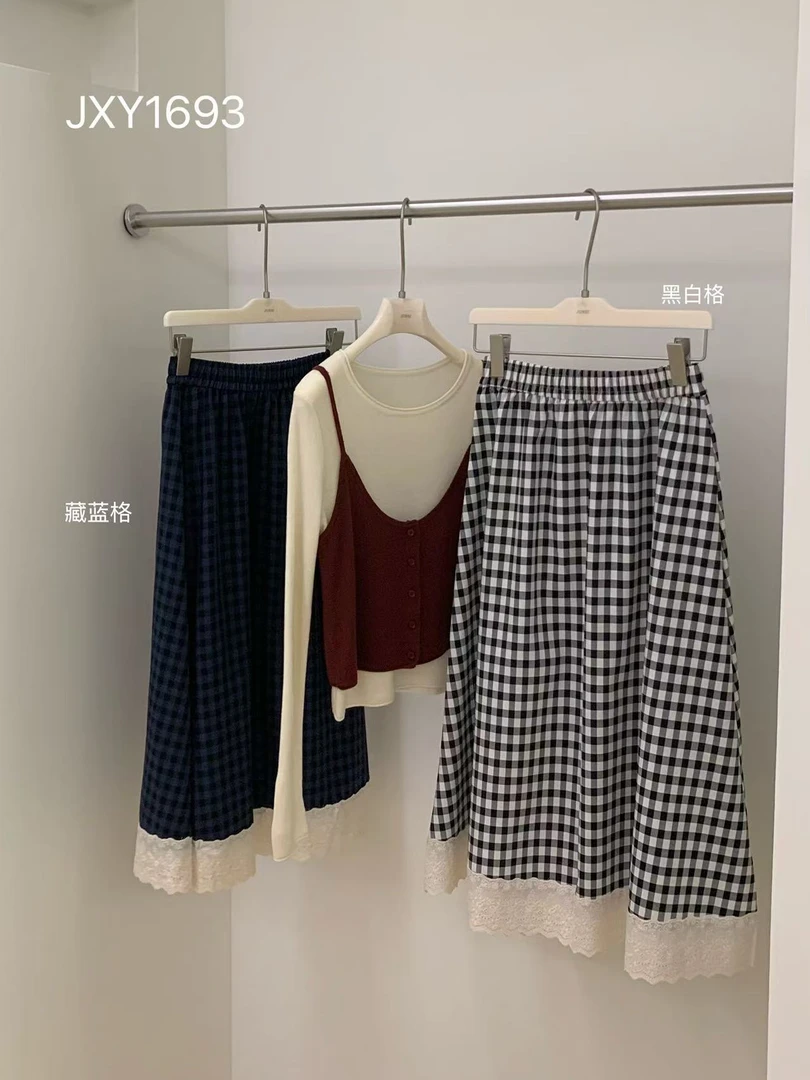 JUNXI（1693#）韩系百搭A字宽松休闲格子半裙【M码裙长80腰围60】