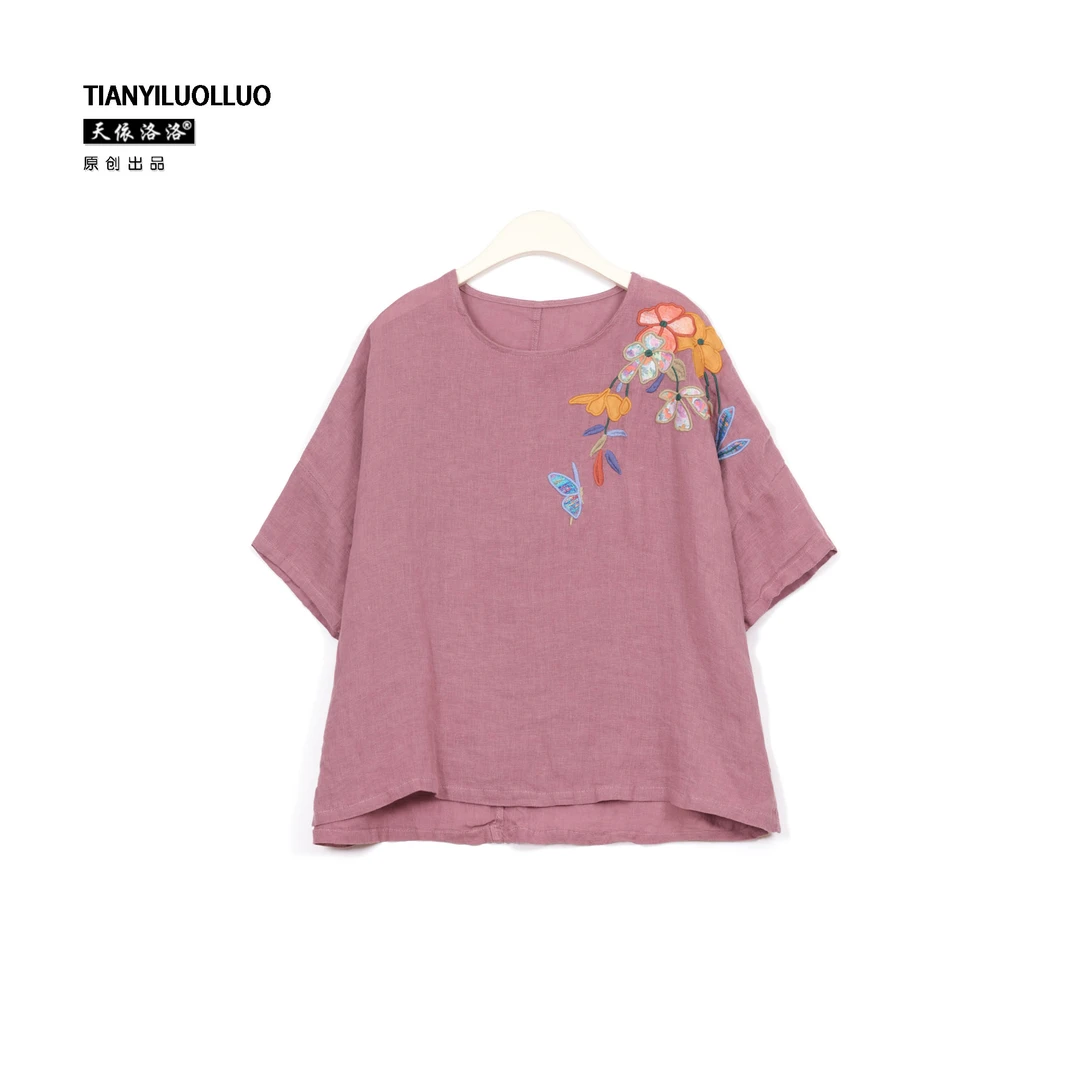 【天依洛洛】67578 气质印花百搭休闲花朵时尚背面带扣宽松T恤