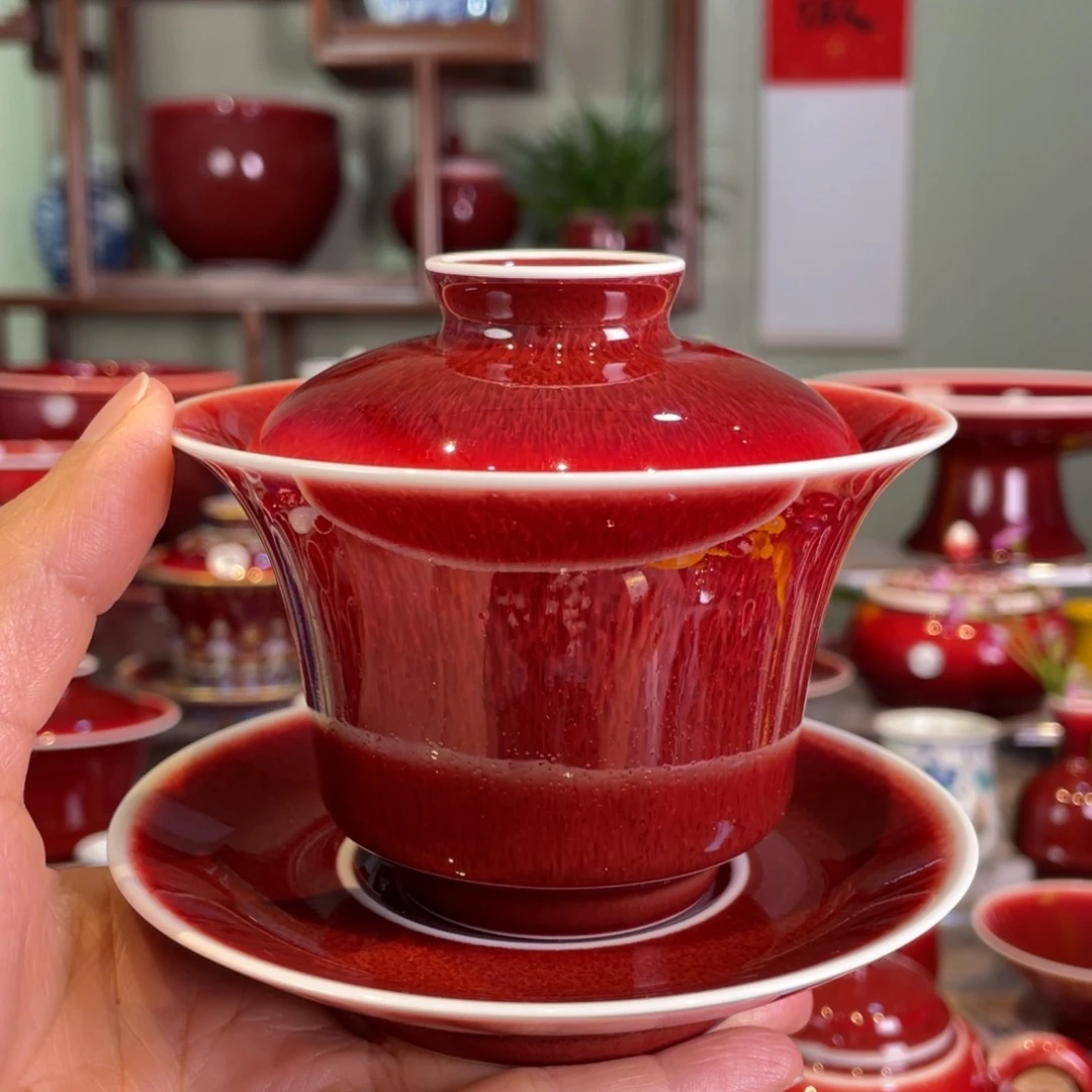 清欢雅玩原矿郎红马蹄盖碗