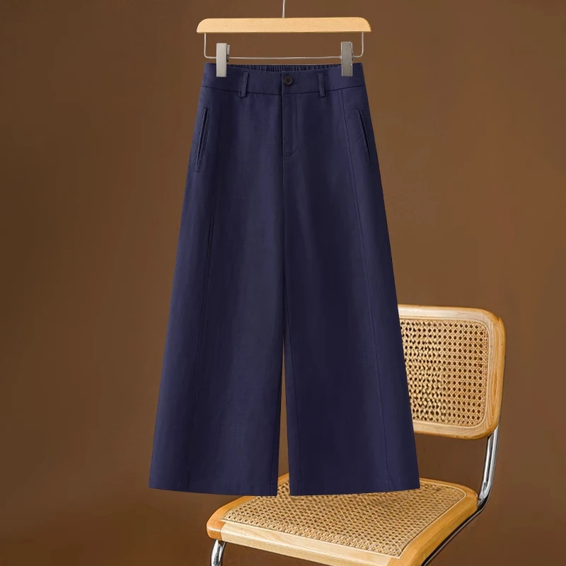 拉夏贝尔高端亚麻八分直筒裤女夏季薄款2025新款防晒裤九分阔腿裤