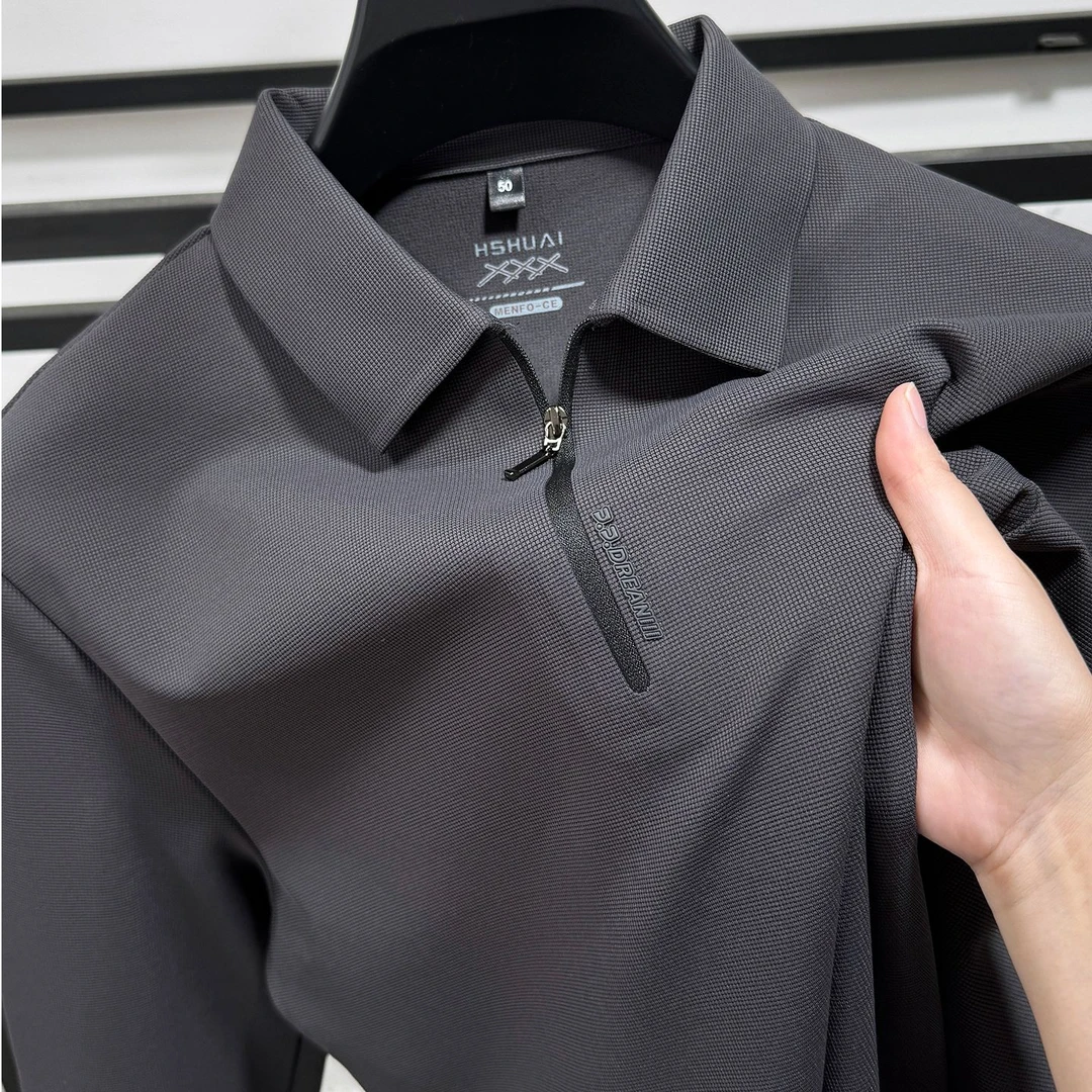 DeweLvum磨毛加厚长袖t恤男半拉链翻领冰丝polo衫休闲开叉上衣男
