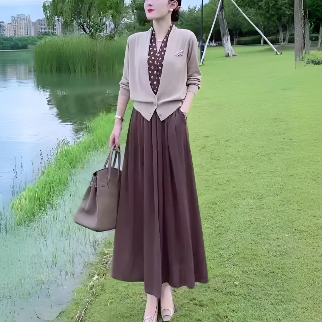 两穿波点针织衫开衫女长袖秋冬新款高腰垂感中长款半身裙气质套装