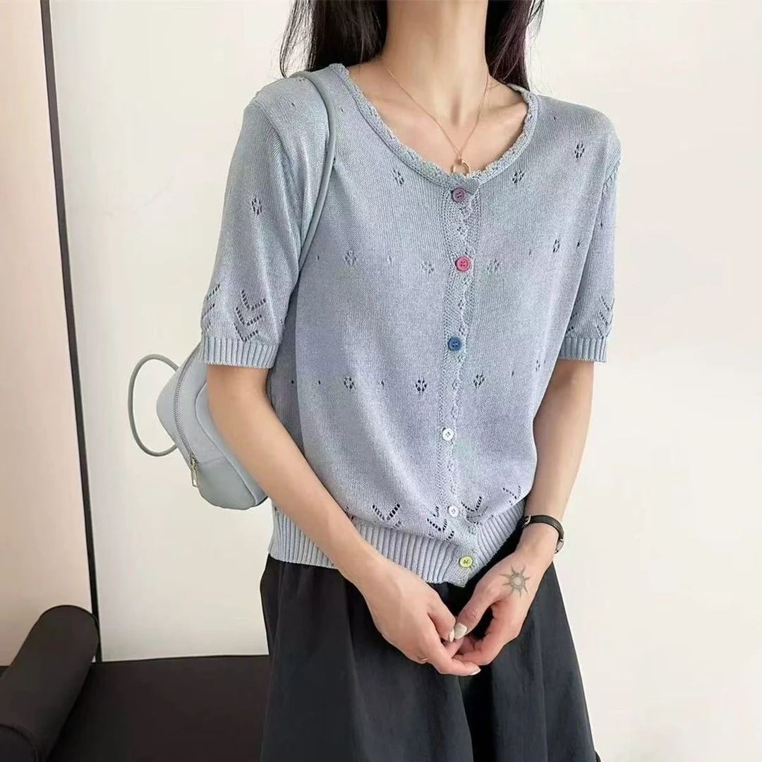 新款彩色扣镂空短袖开衫针织时尚百搭夏季薄款宽松纯色圆领