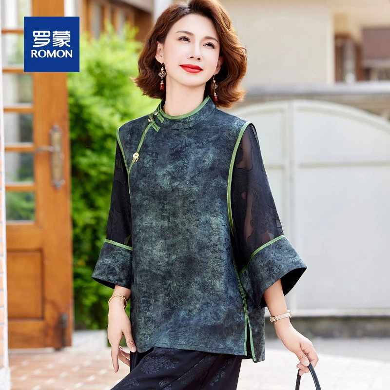 罗蒙中老年妈妈雪纺衬衫2025新款时尚贵夫人七分袖中式小衫套装女