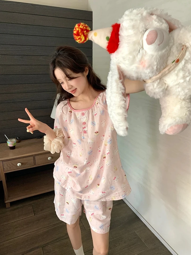 少女可爱卡通猫印花睡衣女夏季圆领舒适透气可外穿家居服套装ins