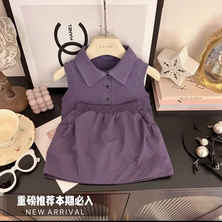 戴维贝拉无袖女童套装夏季短裤裙纯色可爱宝宝翻领背短款休闲时装