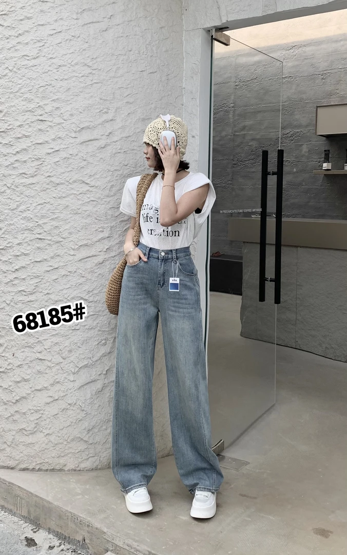 68185春季新款大码窄版直筒阔腿拖地裤牛仔裤高腰高弹显瘦加长